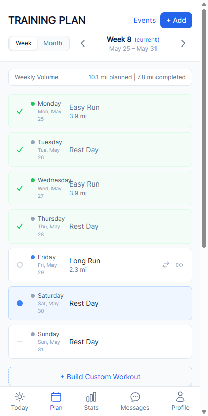 Beginner Training Plan screen showing Week 8 of a Getting Started plan: short easy runs Mon/Wed/Fri (about 3-4 miles each) with rest days between, totaling around 10 miles for the week.