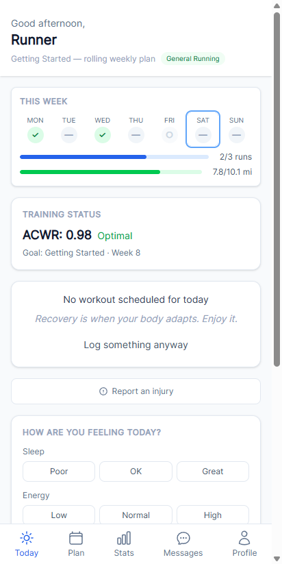 Beginner Today screen showing 'Getting Started — rolling weekly plan' badge, a three-runs-per-week schedule (Mon Wed Fri) with rest days clearly marked between, and a calm 'No workout scheduled for today — Recovery is when your body adapts' message.