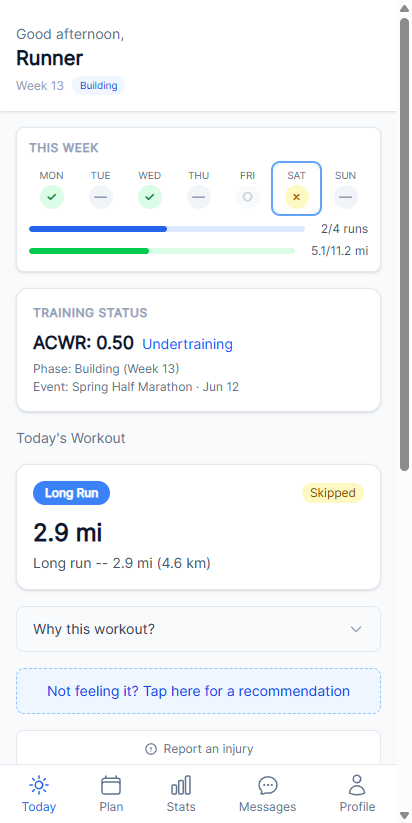 Today screen showing the current week's day-by-day progress with rest days marked, training status with ACWR and phase, and today's prescribed long run with a 'why this workout' explanation.